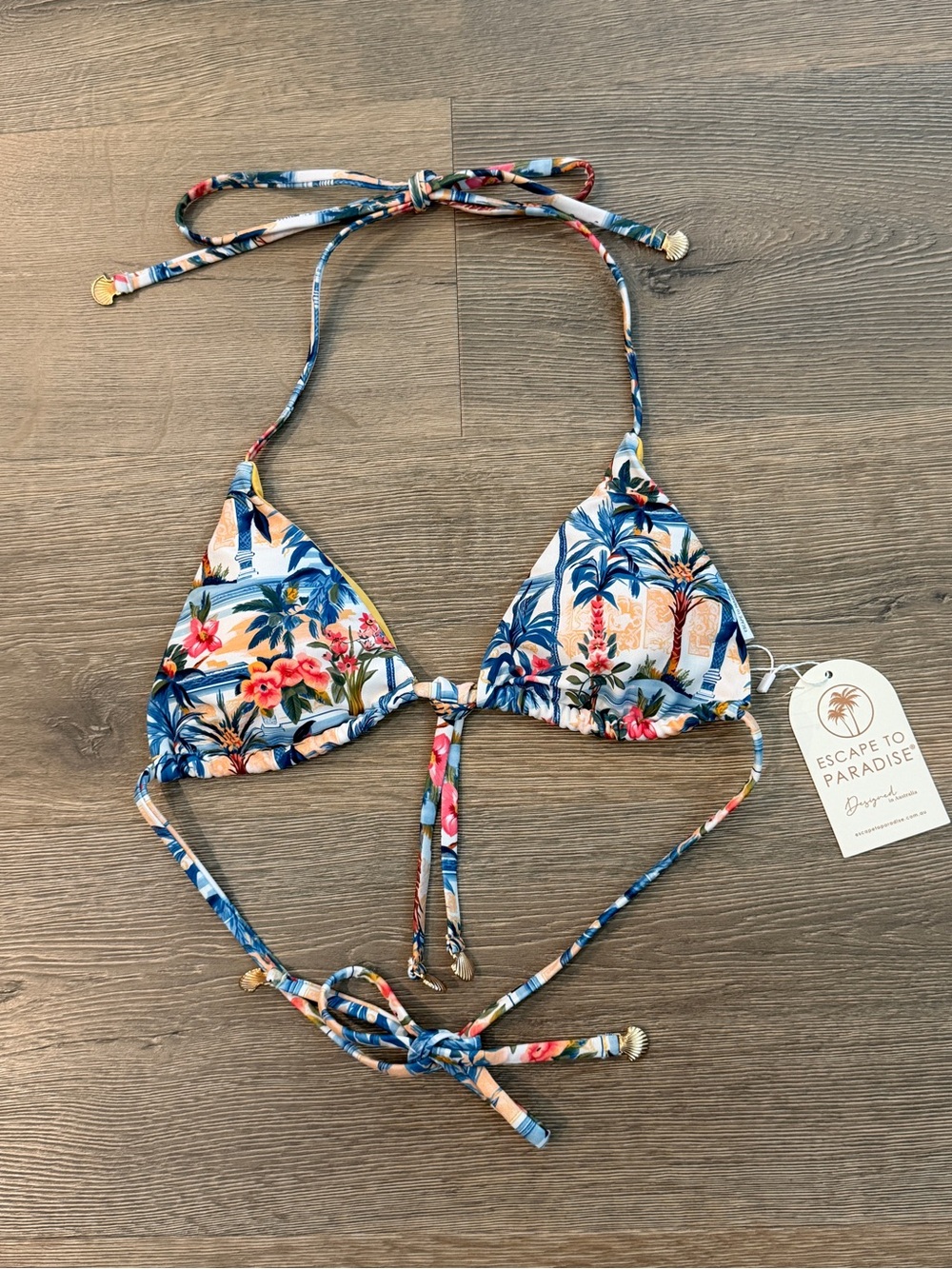 Escape to paradise floral tropical bikini top shell details blue yellow
